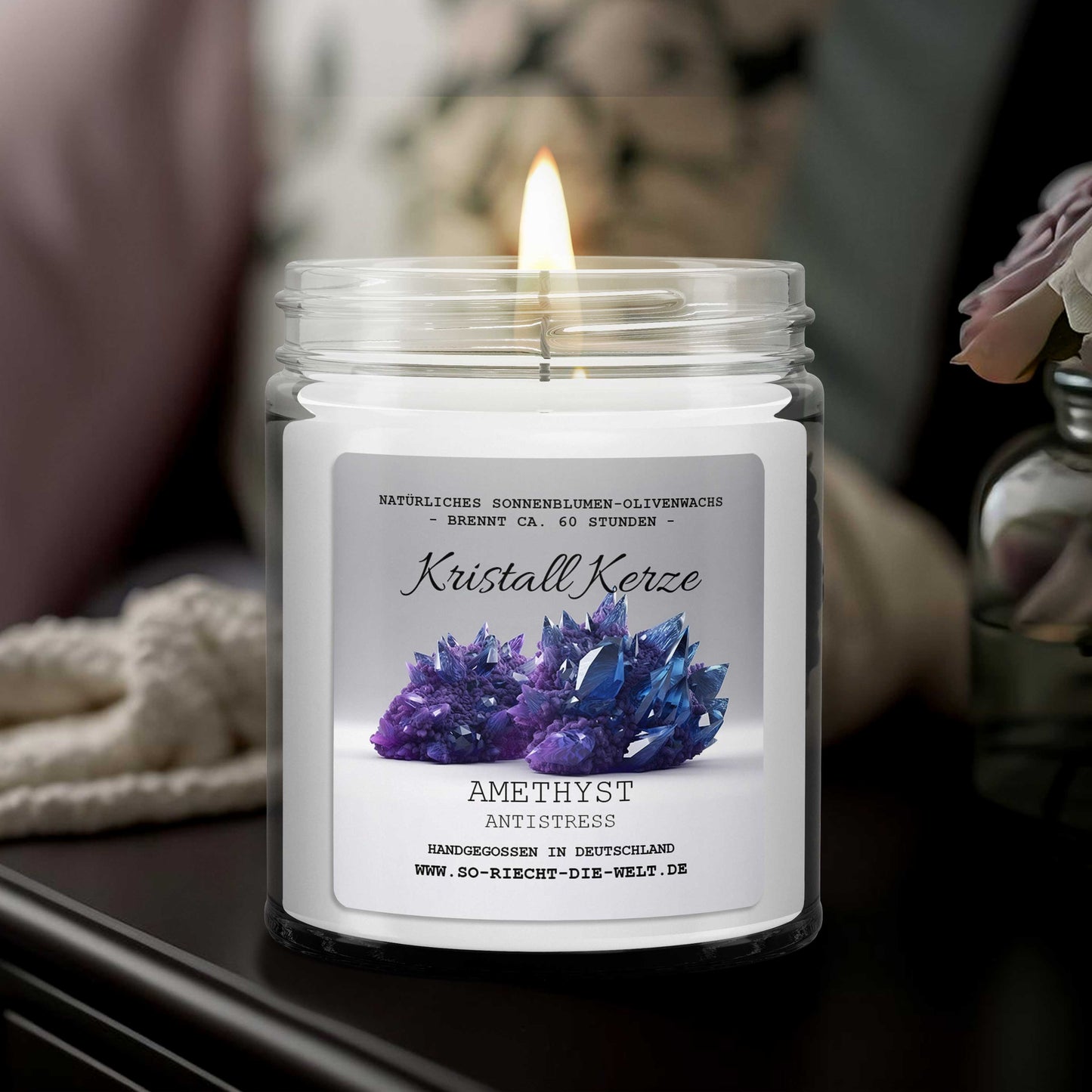 ANTI-STRESS – Amethyst Crystal Scented Candle – Water Jasmine | Sea Salt Rose | Ozone-0