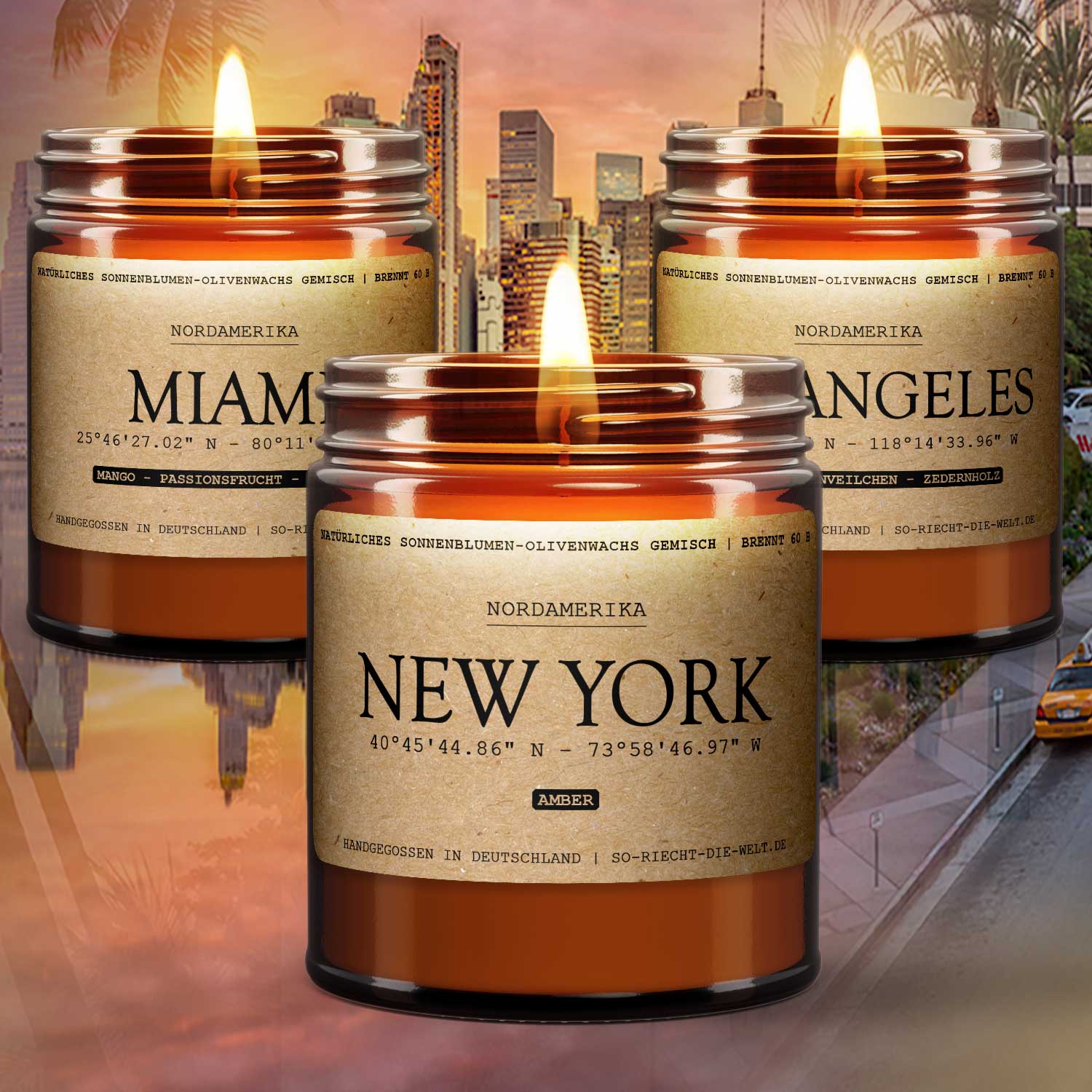 USA Gift Set – 3 Scented Candles New York | Los Angeles | Miami-0
